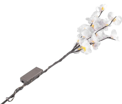 White orchid branch with LED lights by Kezaro, featuring realistic orchid flowers and illuminated leaves for decorative lighting.
