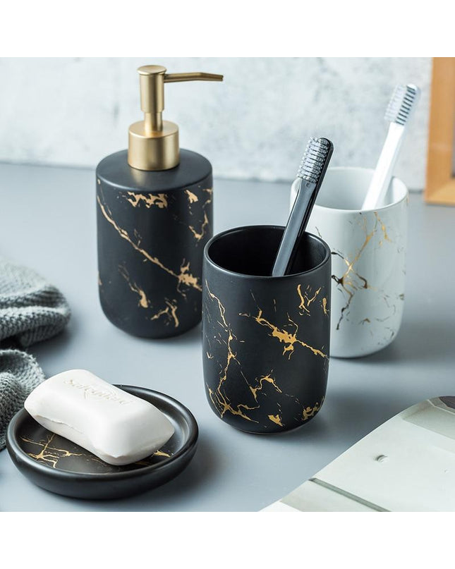 White soap dispenser from Kezaro Trapani bathroom set, displayed on a bathroom countertop with a sleek design.