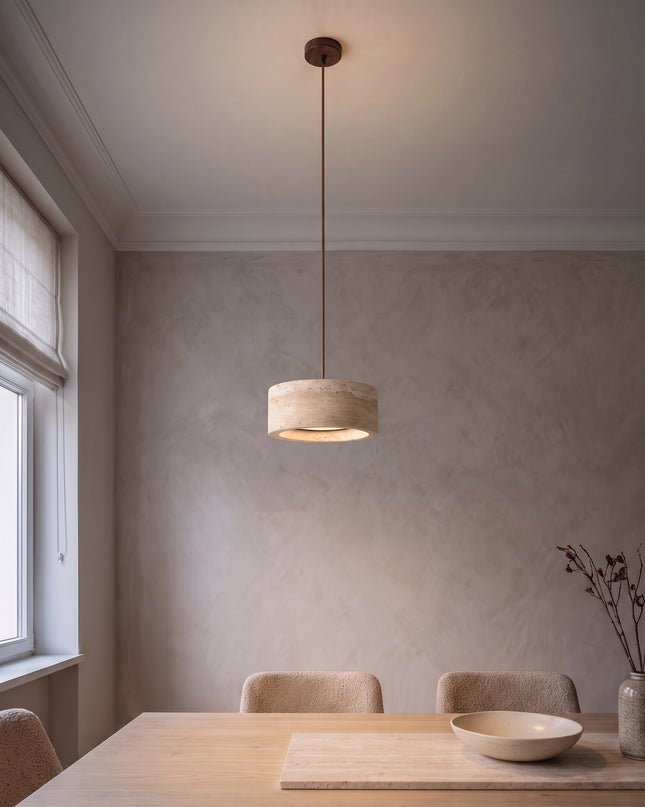 Pietra Pendant Light | Travertine and Wood, Dimmable LED in the dining room (1)