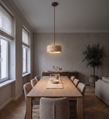 Pietra Pendant Light | Travertine and Wood, Dimmable LED in the dining room (2)