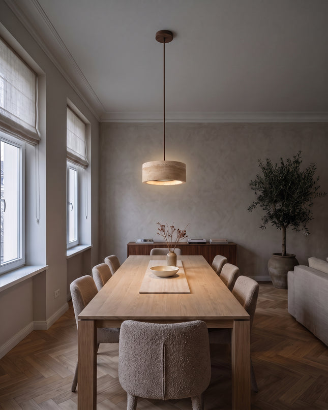 Pietra Pendant Light | Travertine and Wood, Dimmable LED in the dining room (2)